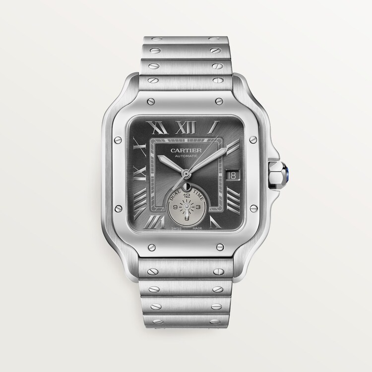 Unworn Santos Dual Time, Stainless Steel, 40.2mm, Ref# WSSA0076, with box