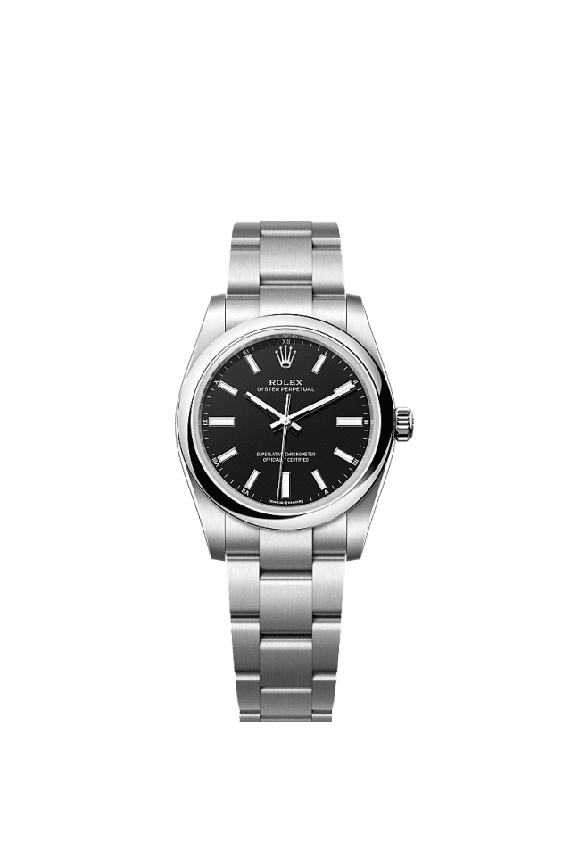 Unworn 2025, Oyster Perpetual, Oystersteel, 34mm, Black dial, Domed Oyster, Ref# 124200-0010, with box